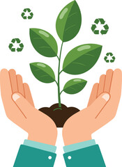 Sustainable growth concept, hands holding green plant, eco-friendly environment, recycling symbols, nature conservation, green energy, environmental protection, earth care, clean planet.
