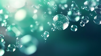 A luminous cluster of transparent bubbles with faint pink and teal light glows, delicate reflections creating a sense of depth, dark teal and gray background with gentle gradient.