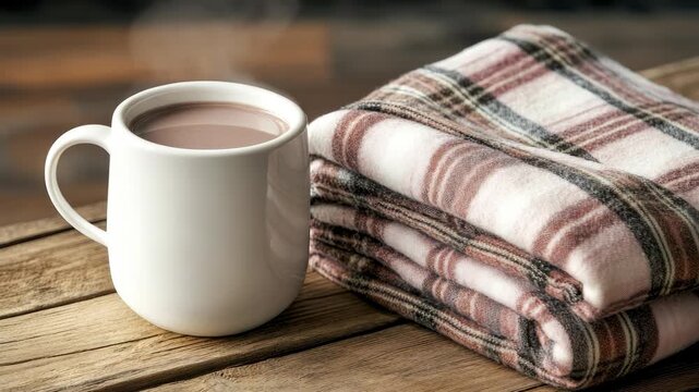 Warm beverage in mug next to folded plaid blanket on wooden surface