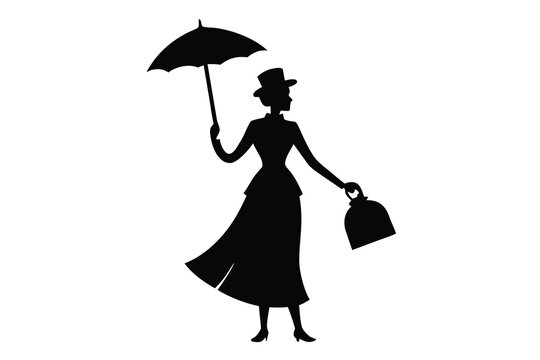 Elegant woman silhouette with umbrella and carpet bag on white background perfect for design and artistic concepts