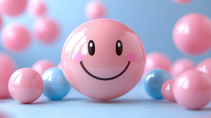 Floating 3D Smiley Face with Glossy Texture, Pastel Pink and Blue Bubbles Background, Isometric Soft Shadows