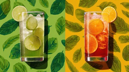Two glasses of tropical drinks, one with lime and the other with red orange, on a green leafy background, split screen, in an advertising style, with bright colors, studio photography, product shot.