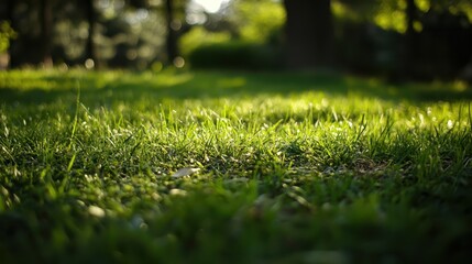 Naklejka premium Close-Up View of Green Grass Under Soft Natural Light in Garden