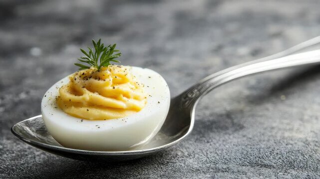 Deviled egg with creamy filling, garnished dill and pepper, on spoon