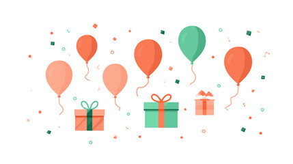 Obraz premium Colorful birthday celebration background with balloons, gift boxes and confetti in modern flat design style. Perfect for party invitations, greeting cards and festive marketing materials