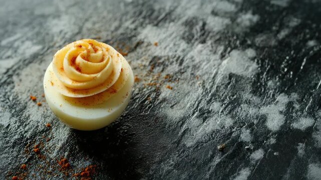 Deviled egg garnished with paprika on dark surface