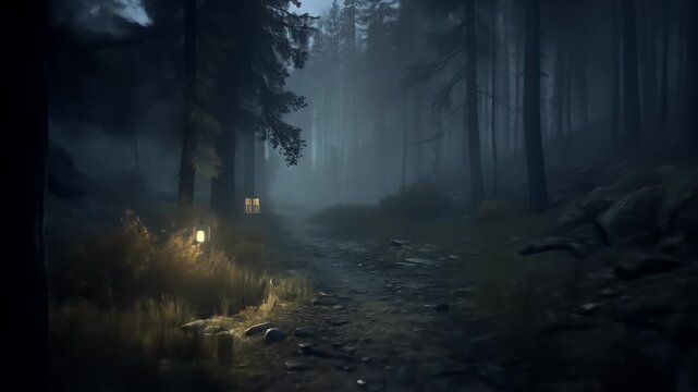 Foggy forest trail with mysterious atmosphere and low moody lighting