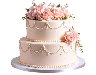  Three-Quarter Angle of Elegant Vanilla Cake with Blush Sugar Florals and Pearls, Isolated for Celebration Themes