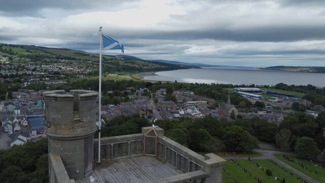 Aerial Drone Footage of MacDonald Memorial Tower in Dingwall, Scotland on Overcast Summer Day