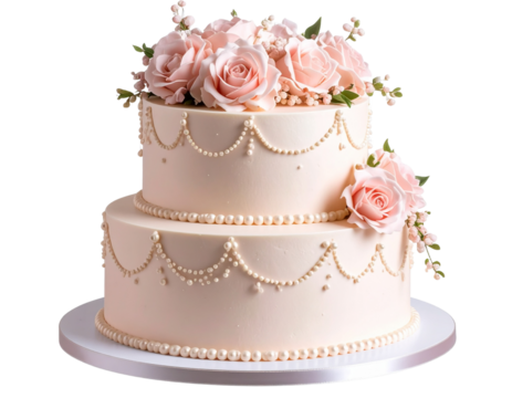  Three-Quarter Angle of Elegant Vanilla Cake with Blush Sugar Florals and Pearls, Isolated for Celebration Themes