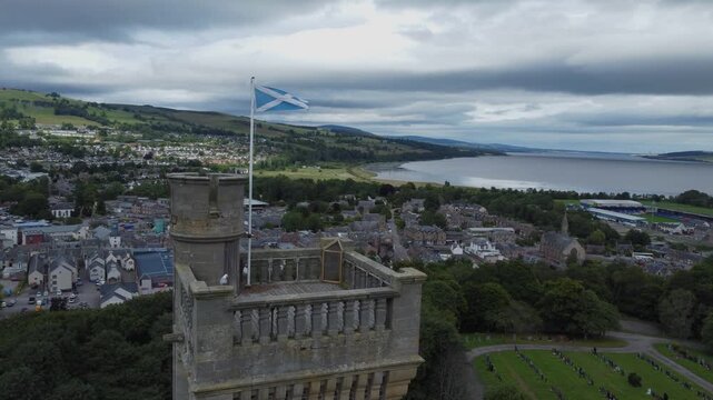 Aerial Drone Footage of MacDonald Memorial Tower in Dingwall, Scotland on Overcast Summer Day