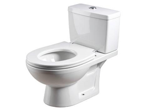 Modern Toilet Bowl with Open Seat and Lid Tilted Back, Slight Diagonal Top View, PNG Isolated