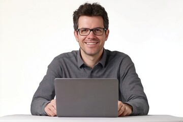 Smiling man with laptop glasses happy electronics.