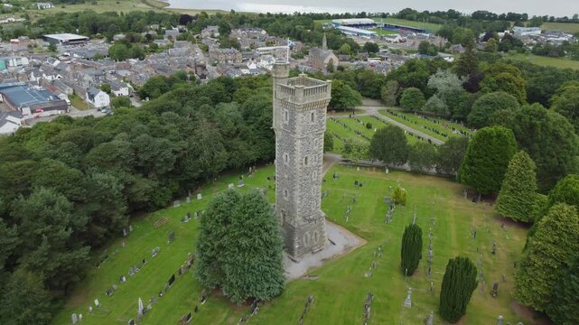 Aerial Drone Footage of MacDonald Memorial Tower in Dingwall, Scotland on Overcast Summer Day
