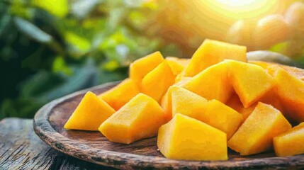 Fresh Mango Cubes on Wooden Plate with Sunlight Background