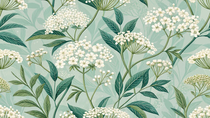 Seamless floral pattern. White Cheesewood flowers. Vector illustration style. High detail. Pastel green background. Design for printing on fabric or wallpaper or curtain or fashion.