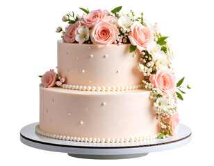 Blush Vanilla Celebration Cake with Cascading Sugar Flowers and Edible Pearls, Front View, Isolated PNG