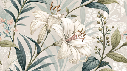 Seamless Floral Pattern. White Ginger Lily Flower. Vector Illustration Style. High Detail. Designed for printing on fabric or wallpaper or curtain or fashion.