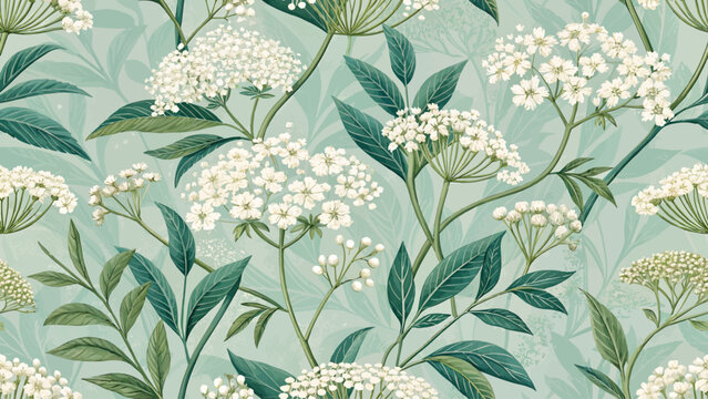 Seamless floral pattern. White Cheesewood flowers. Vector illustration style. High detail. Pastel green background. Design for printing on fabric or wallpaper or curtain or fashion.