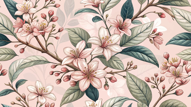 Seamless floral pattern. Sal Tree flowers. Vector illustration style. High detail. Pastel pink background. Design for printing on fabric or wallpaper or curtain or fashion.