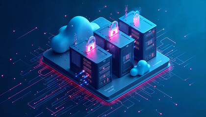 Isometric 3D illustration of cloud servers with data streaming and locked shields, dark blue gradient background, modern tech style. The scene is set during a meteor shower, with streaks of light enha