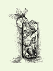 Hand-Drawn Lime Cocktail with Mint. Sketch of a Mojito with Citrus and Ice. Artistic Illustration...