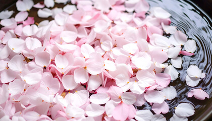 Obraz premium Floating light pink flower petals on water surface beauty springtime