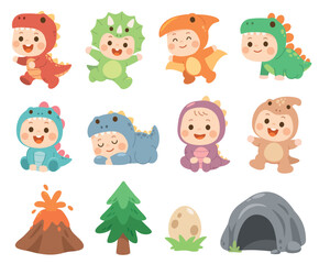 Cute Baby Dinosaurs and Prehistoric Elements Cartoon Set