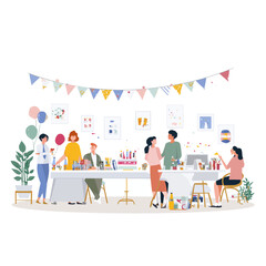 Obraz premium Creative diverse group celebrating birthday party in modern art studio workspace with colorful decorations, balloons, and festive atmosphere - perfect for social events and teamwork concepts