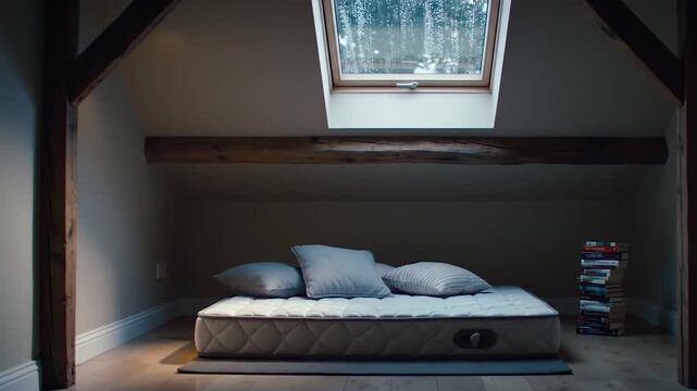 Cozy attic room with mattress on the floor, soft pillows, a stack of books, and a skylight with raindrops