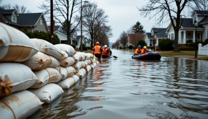 Emergency response efforts amid floodwaters inundate residential areas community action urban environment ground level resilience