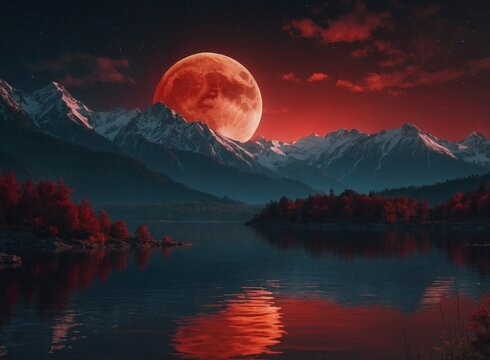 Under the watchful gaze of a red moon, the landscape of lake and mountain. Fantasy landscape, looping 4k video animation background