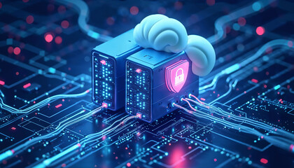 Isometric 3D illustration of cloud servers with data streaming and locked shields, positioned in a futuristic data center with glowing fiber optic cables, dark blue gradient background, modern tech st