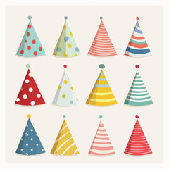 Obraz premium Colorful party hats collection with polka dots, stripes and festive patterns - perfect for birthday celebrations, children's parties and holiday events