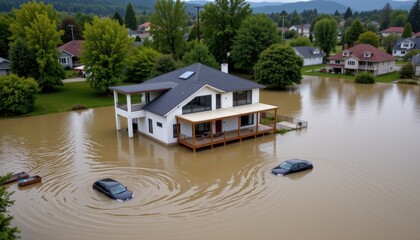 Fototapeta premium Flooded residential area with submerged cars aerial view natural disaster impact urban environment landscape