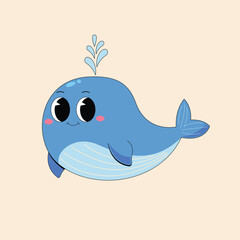 Adorable Blue Whale Illustration Cute Aquatic Animal Character with Playful Sprays and Friendly Smile - Vector
