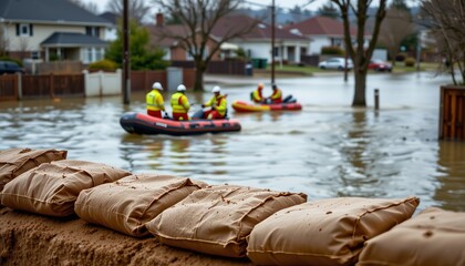 Emergency response teams navigate floodwaters residential neighborhood photo urban environment close-up view disaster management