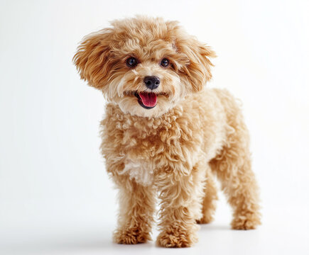A Toy Poodle stands on a white background, smiling with curly fur and bright eyes. The dog looks cheerful and cute. Soft natural lighting and gentle shadow make the photo feel warm and realistic. - Powered by Adobe