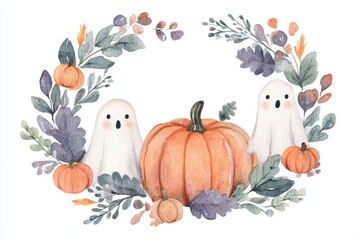 Cute cartoon pumpkins and small ghosts with autumn leaves and Halloween decorations in a festive scene. Warm orange tones with friendly spooky elements for seasonal celebration.