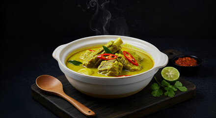 A close-up of a bowl of aromatic green curry featuring tender lamb ribs simmered in a vibrant green curry sauce.