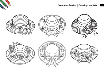Sun Hat Coloring Page – Summer Hat Collection for Kids. A stylish set of sun hats in various shapes and decorations. Fun summer fashion-themed coloring for kids and early learners.