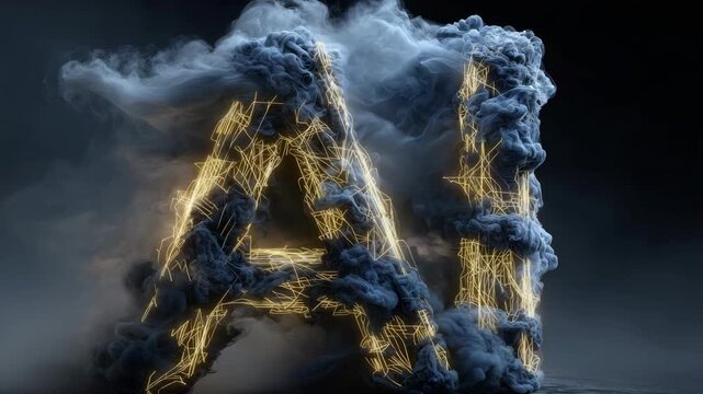 Glowing AI letters formed by golden light wires and smoke clouds, surreal style, on a dark background, concept of artificial intelligence power