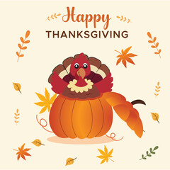 Happy Thanksgiving Turkey Sitting on Pumpkin Illustration