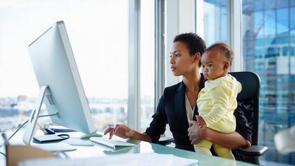 Working mother in a modern office holds baby while multitasking on computer
