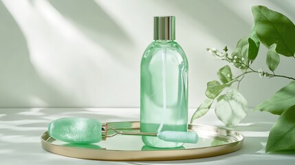 Green Glass Bottle and Facial Roller on Gold Tray with Leaves