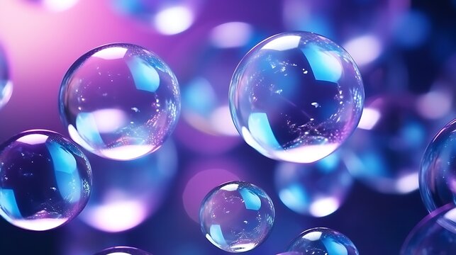 A stunning arrangement of transparent glass bubbles, edges reflecting soft lavender and silver, background glowing faintly with teal and midnight blue tones.