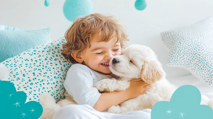 An adorable toddler boy embracing a fluffy puppy with closed eyes, conveying pure happiness and a loving bond, ideal for nursery decor prints or heartwarming pet-friendly content.
