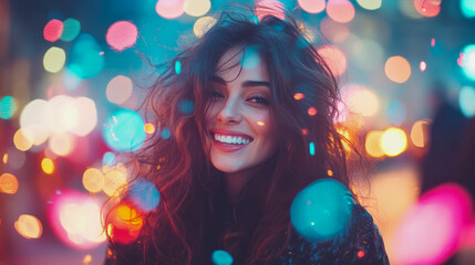 Festive Evening Portrait of a Smiling Woman with Colorful Bokeh Lights, Embodying Celebration and Urban Cheer, Ideal for Seasonal Promotion.