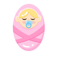 Cute sleeping baby with pacifier in pink swaddle illustration.