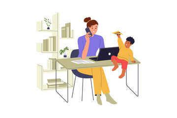 Freelancer Mom on Call While Child Plays Beside. Juggling Work and Parenthood. Illustrations for websites, landing pages, mobile apps, posters and banners